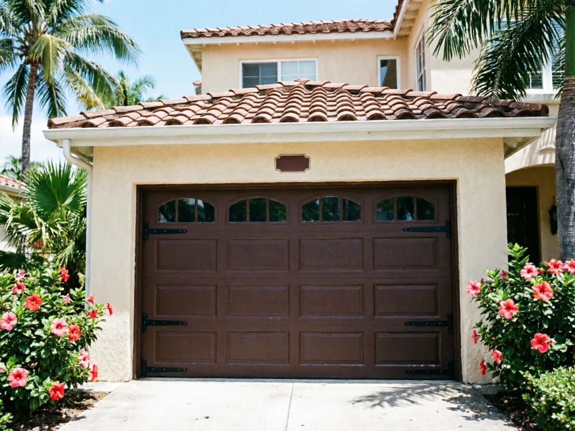 A brown garage door with arched windows on a beige house with a red tile roof.
