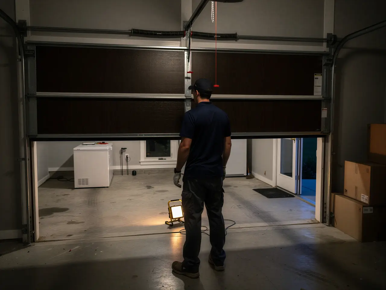 A technician stands in a garage looking at a partially open garage door.