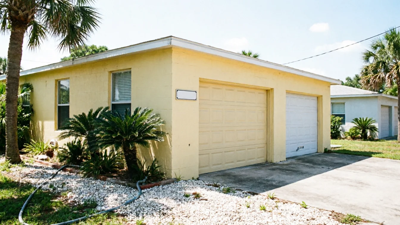 A yellow house has two garage doors, one tan and one white.