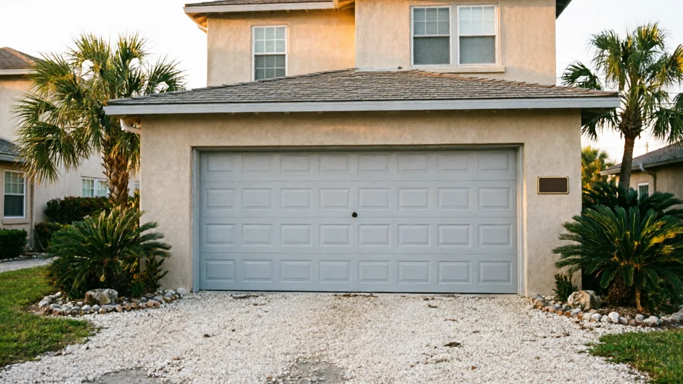 The house has a light gray garage door with a black handle and a gravel driveway.