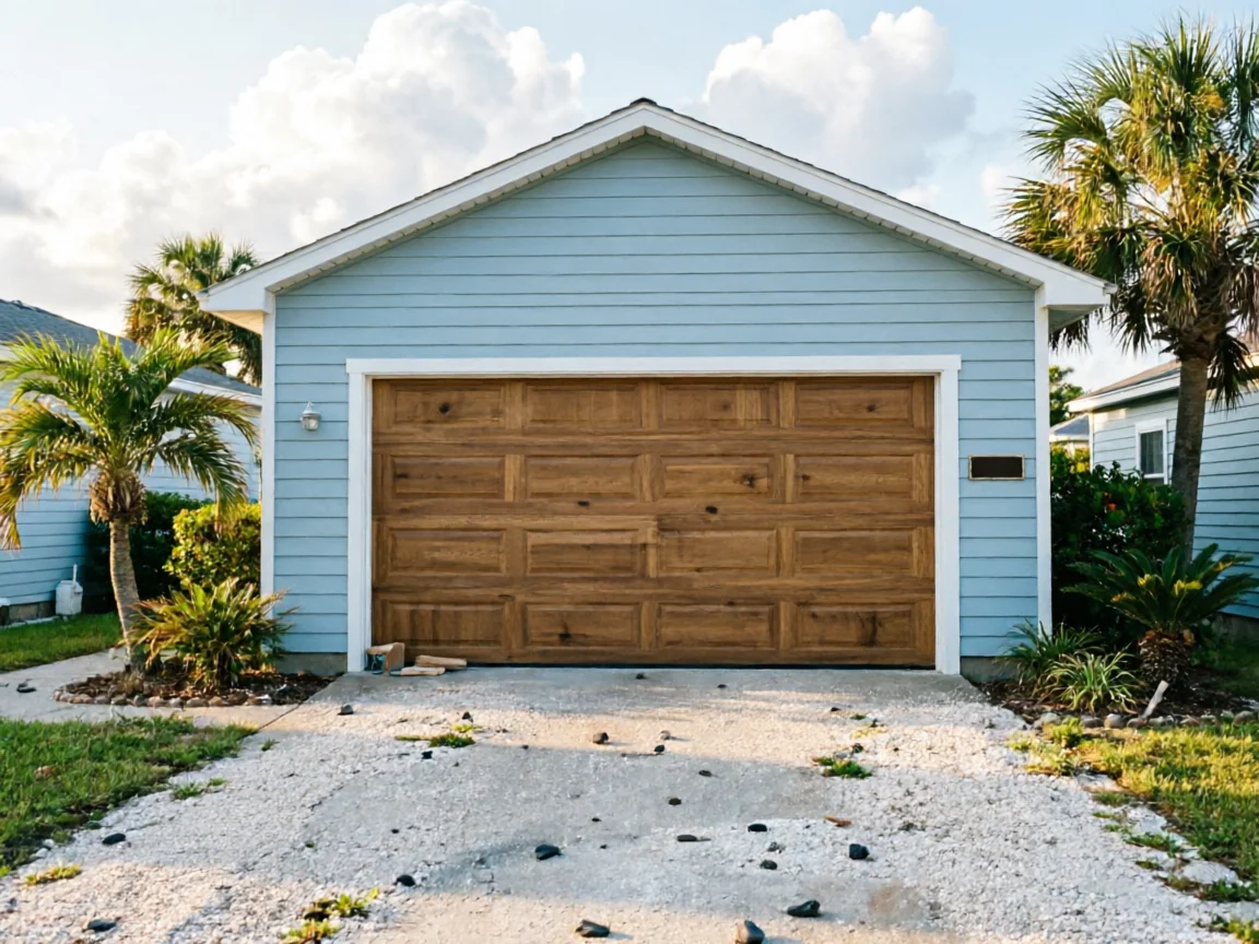 A light blue house with a brown wooden garage door and palm trees.