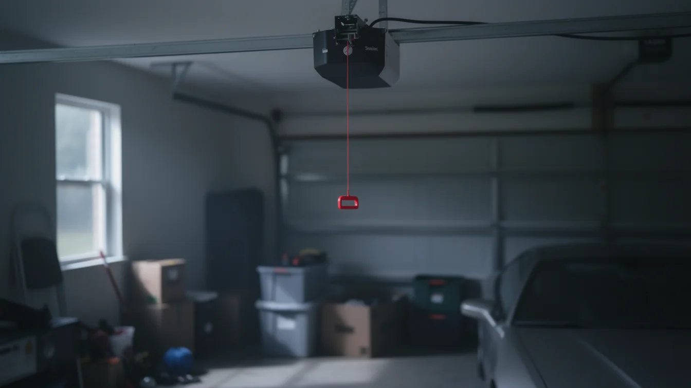 The garage door opener hangs from the ceiling with a red emergency release cord.