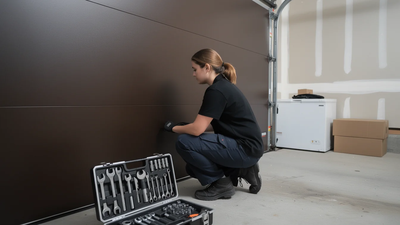 A technician crouches by a brown garage door with a toolbox open on the floor.